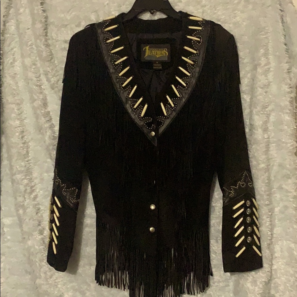 Black Suede Leather fringe beaded Go Western Coat